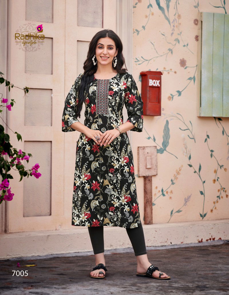 Pahel Vol 7 By Radhika Straight Cut Rayon Printed Kurti Wholesale Market In Surat
